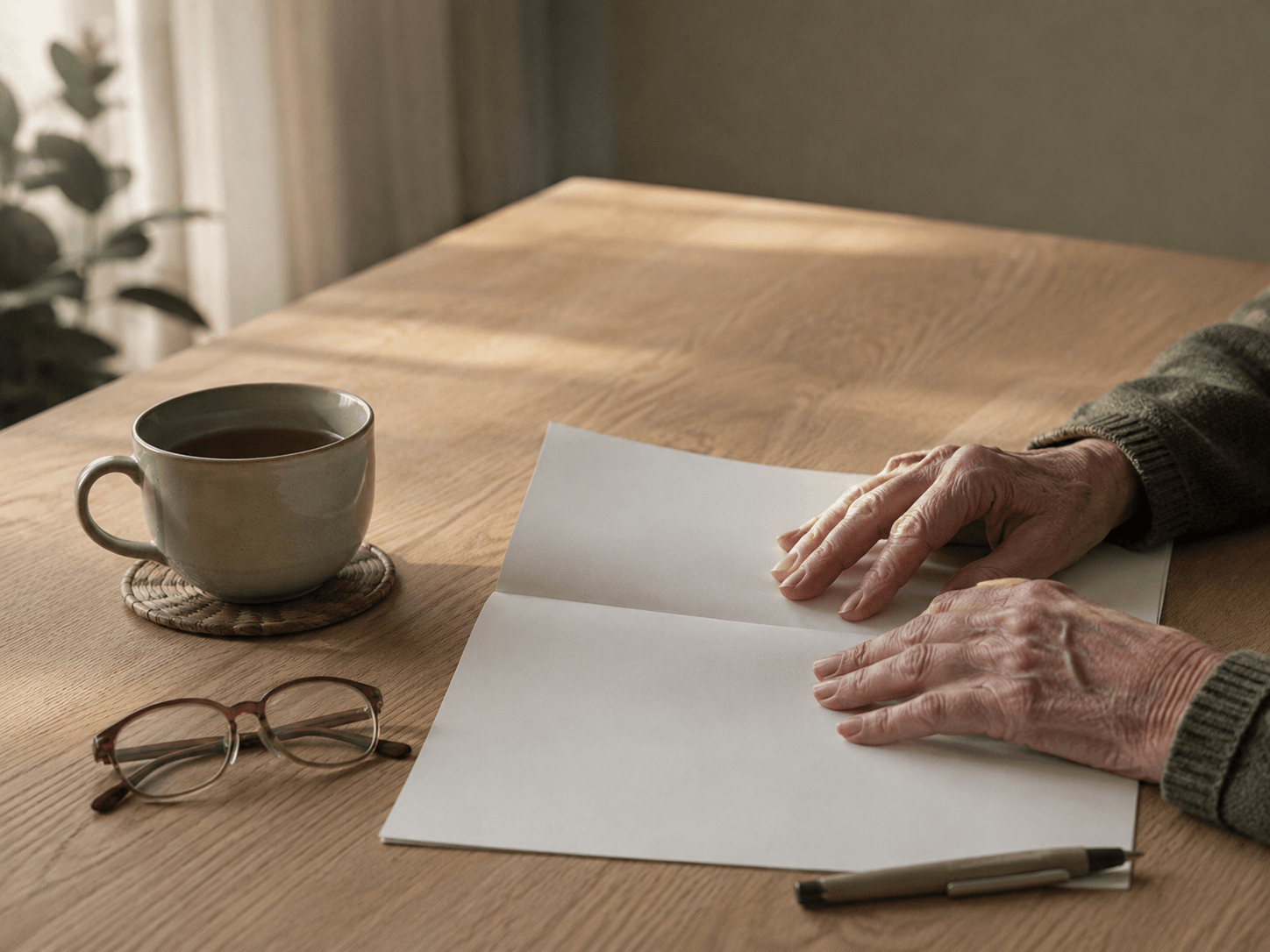 A quiet moment at home sorting paperwork, with a cup of tea